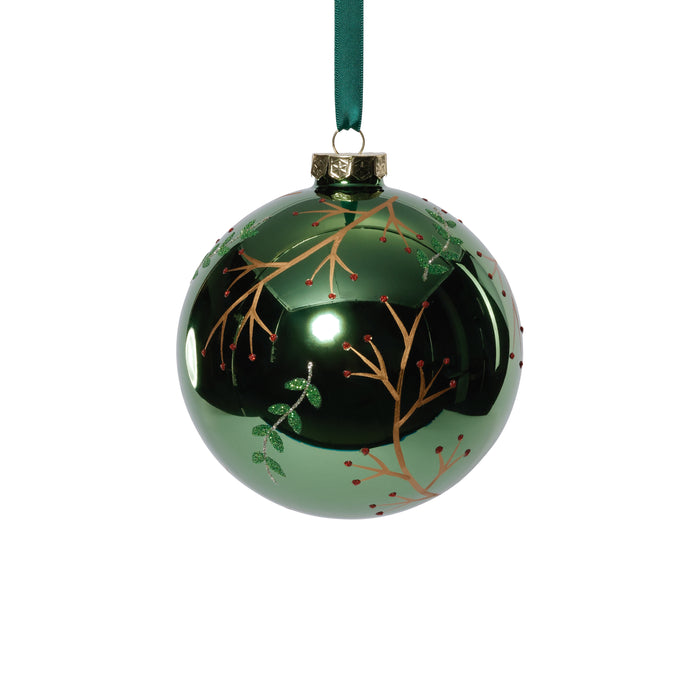 Zodax 4-Piece Set Shiny Green Metallic 4.75" Glass Ball Ornaments with Gold Leaf & Twig Design
