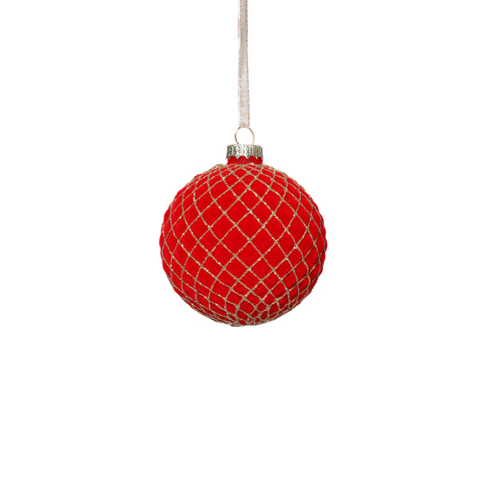 Zodax Flocked Glass Ball Christmas Ornaments with Gold Accents, Set of 6, Red, 3.25"