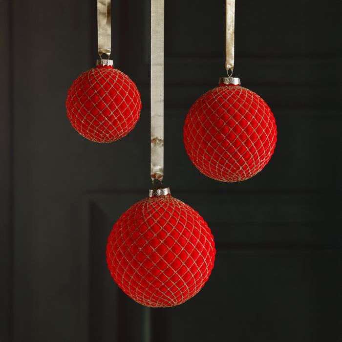 Zodax Flocked Glass Ball Christmas Ornaments with Gold Accents, Set of 6, Red, 4"