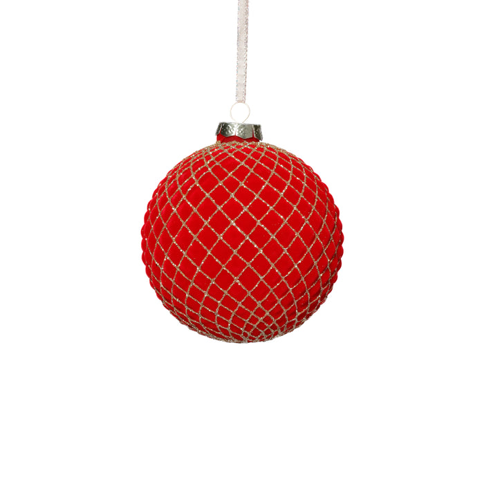 Zodax Flocked Glass Ball Christmas Ornaments with Gold Accents, Set of 6, Red, 4"