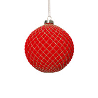 Zodax 4-Piece Set Flocked 4.75" Glass Ball Christmas Ornaments with Gold Accents, Red