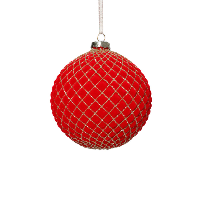 Zodax 4-Piece Set Flocked 4.75" Glass Ball Christmas Ornaments with Gold Accents, Red