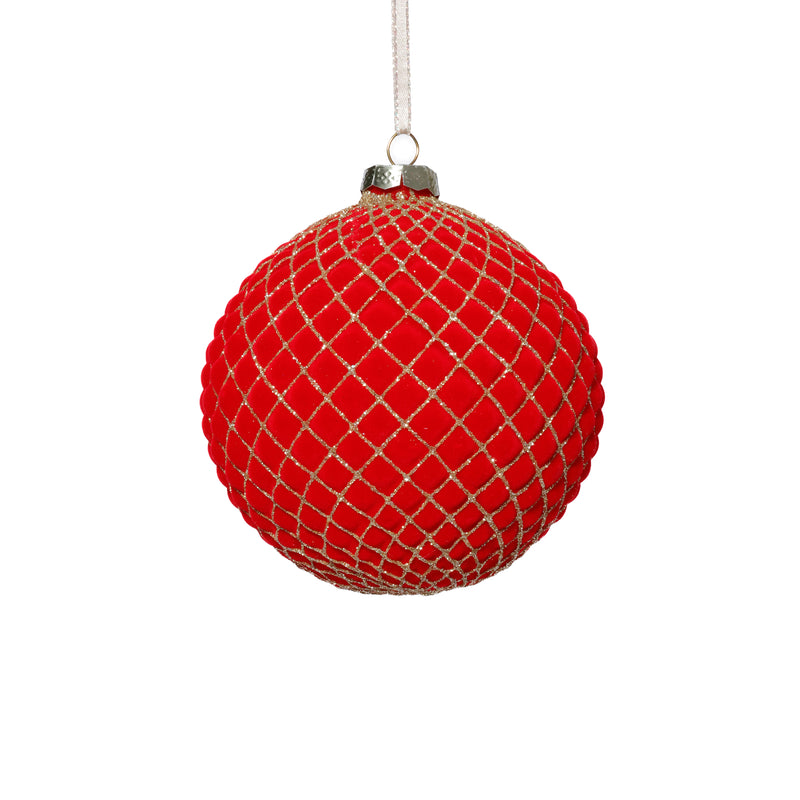 Zodax 4-Piece Set Flocked 4.75" Glass Ball Christmas Ornaments with Gold Accents, Red