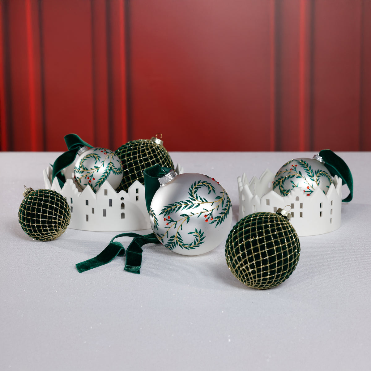 Zodax Flocked Glass Ball Christmas Ornaments with Gold Accents, Set of 6, Green, 3.25"