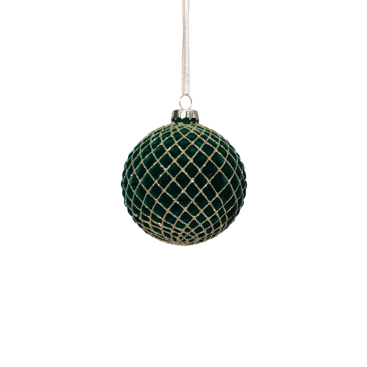 Zodax Flocked Glass Ball Christmas Ornaments with Gold Accents, Set of 6, Green, 3.25"