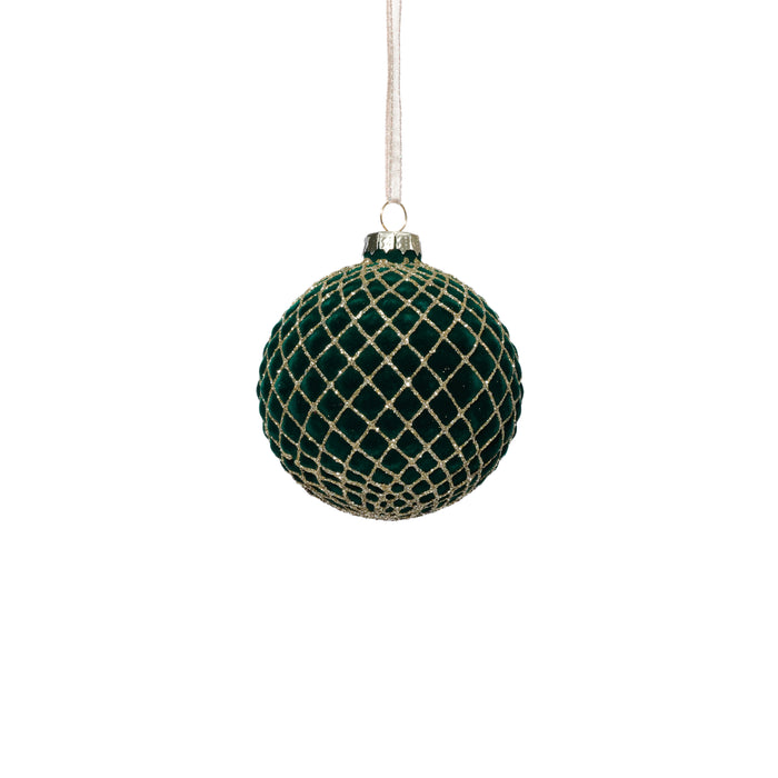 Zodax Flocked Glass Ball Christmas Ornaments with Gold Accents, Set of 6, Green, 3.25"