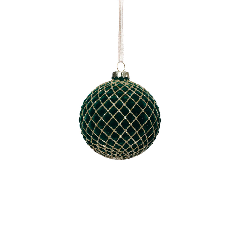 Zodax Flocked Glass Ball Christmas Ornaments with Gold Accents, Set of 6, Green, 3.25"