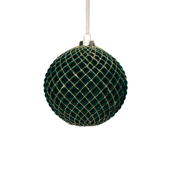 Zodax 4-Piece Set Flocked 4.75" Glass Ball Christmas Ornaments with Gold Accents, Green