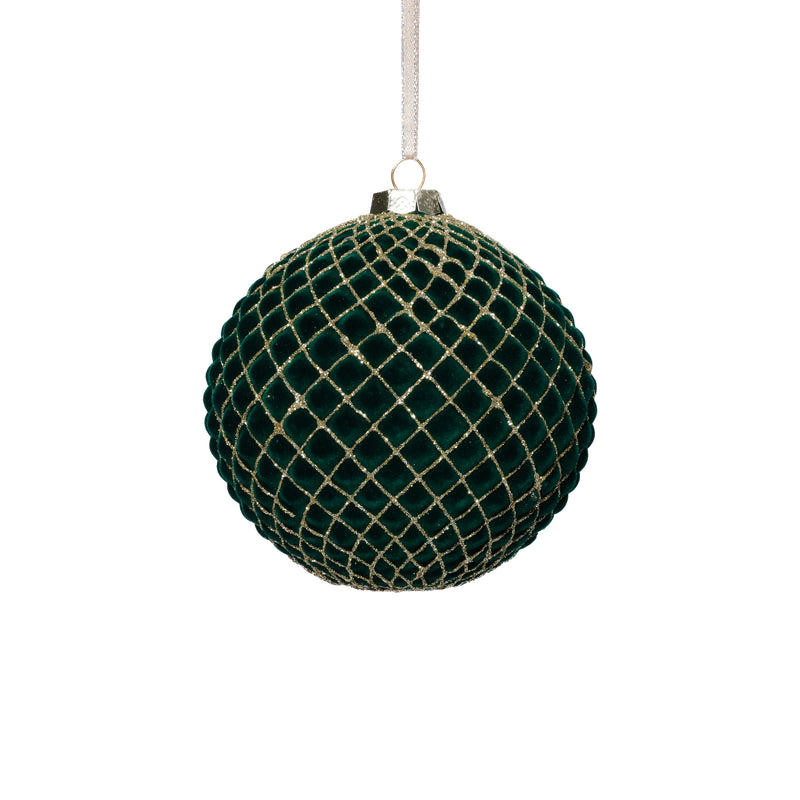 Zodax 4-Piece Set Flocked 4.75" Glass Ball Christmas Ornaments with Gold Accents, Green