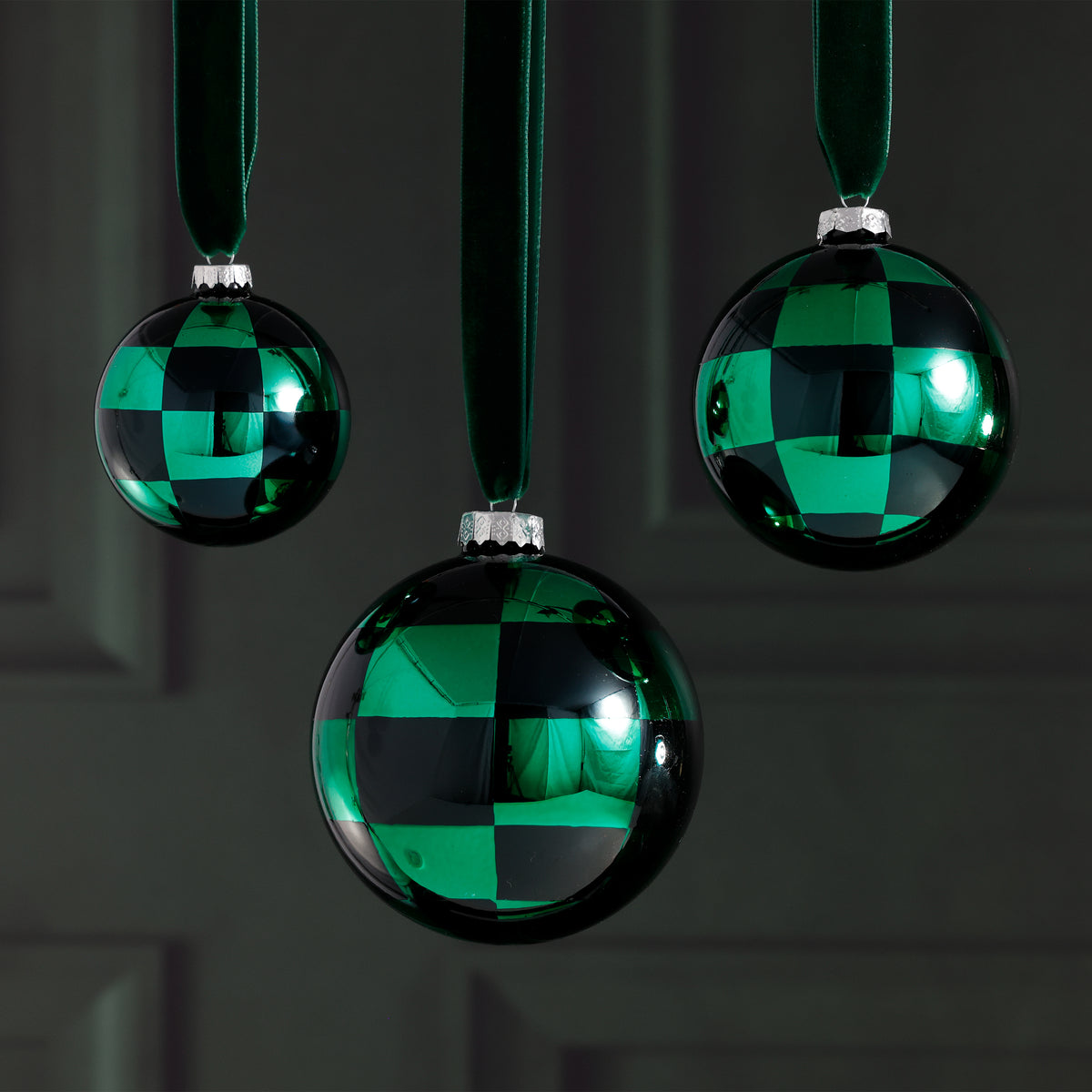 Zodax Checkered Glass Ball Christmas Ornaments, Set of 6, 3.25"