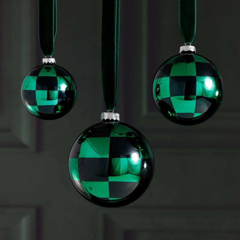 Zodax Checkered Glass Ball Christmas Ornaments, Set of 6, 4"