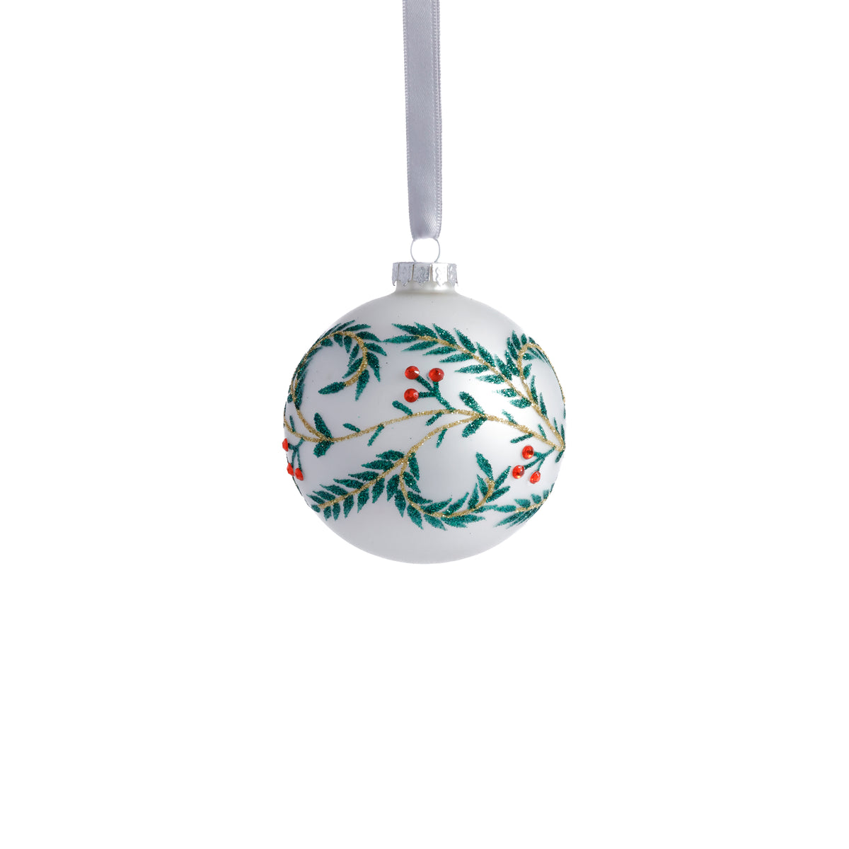 Zodax White Metallic Glass Ball Holiday Ornaments with Green Leaf Design, Set of 6, 3.25"