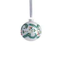 Zodax White Metallic Glass Ball Holiday Ornaments with Green Leaf Design, Set of 6, 3.25"