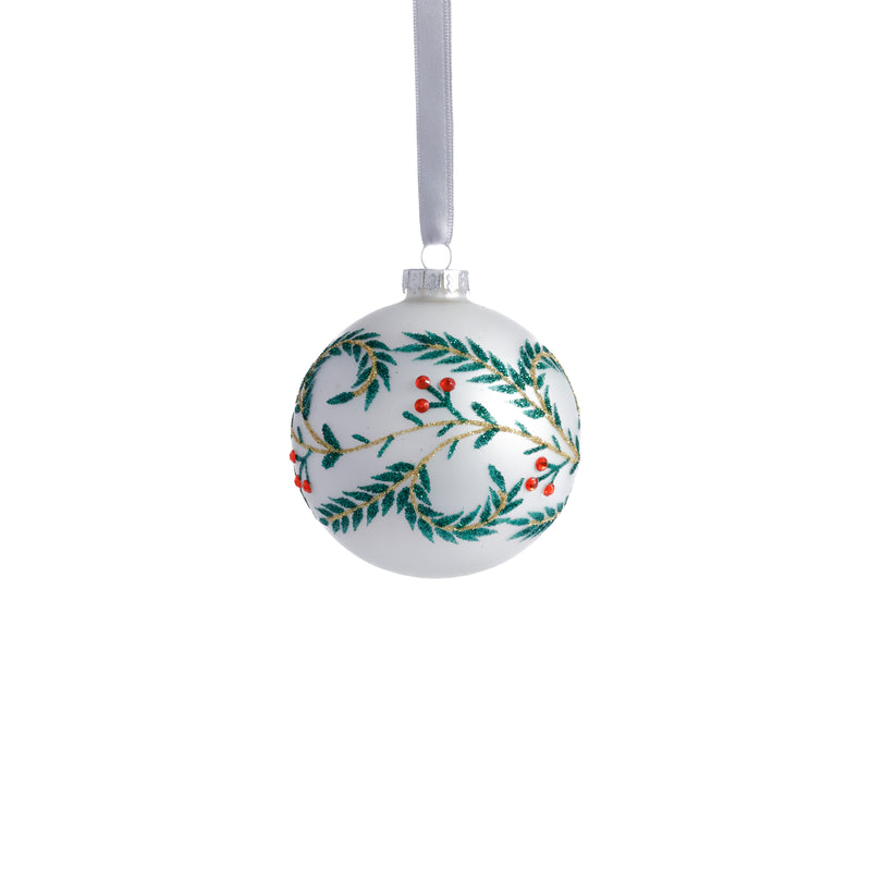 Zodax White Metallic Glass Ball Holiday Ornaments with Green Leaf Design, Set of 6, 3.25"
