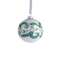 Zodax White Metallic Glass Ball Holiday Ornaments with Green Leaf Design, Set of 6, 4"