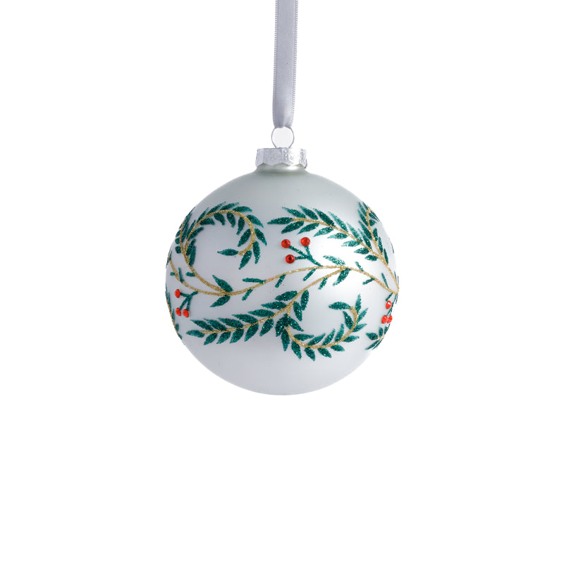 Zodax White Metallic Glass Ball Holiday Ornaments with Green Leaf Design, Set of 6, 4"