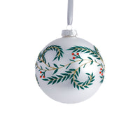 Zodax 4-Piece Set White Metallic 4.75" Glass Ball Holiday Ornaments with Green Leaf Design