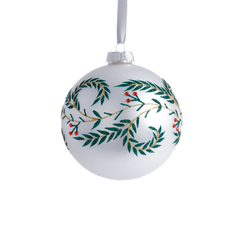 Zodax 4-Piece Set White Metallic 4.75" Glass Ball Holiday Ornaments with Green Leaf Design