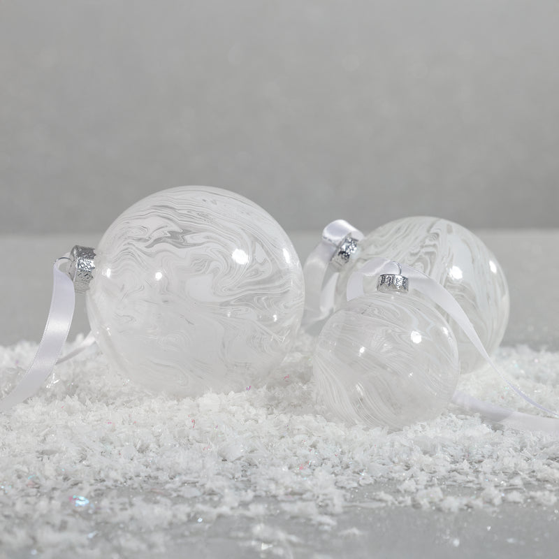 Zodax White Watercolor Glass Ball Christmas Ornaments, Set of 6, 3.25"