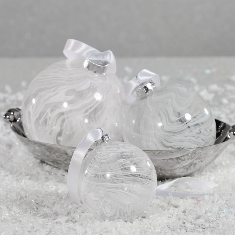 Zodax White Watercolor Glass Ball Christmas Ornaments, Set of 6, 4"