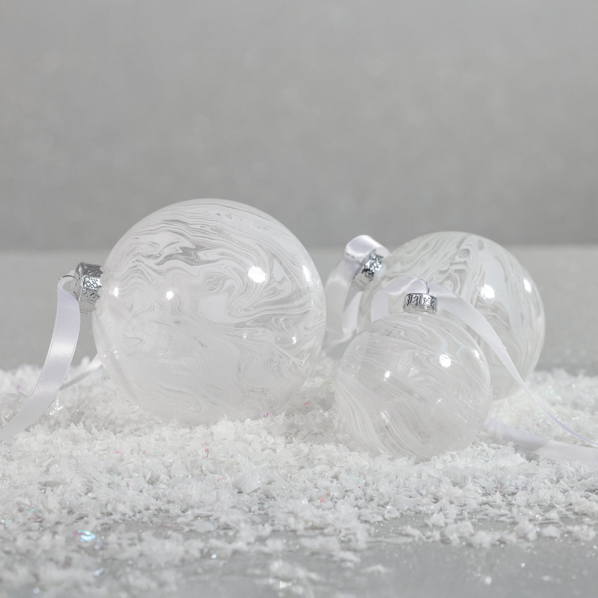 Zodax 4-Piece Set White Watercolor 4.75" Glass Ball Holiday Ornaments