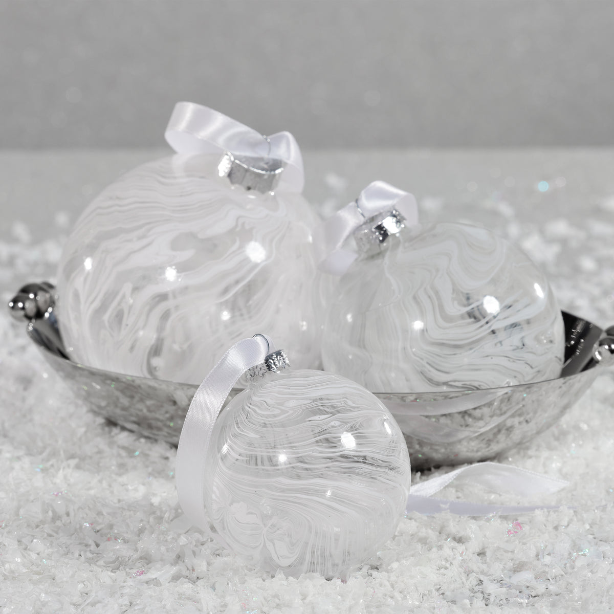 Zodax 4-Piece Set White Watercolor 4.75" Glass Ball Holiday Ornaments