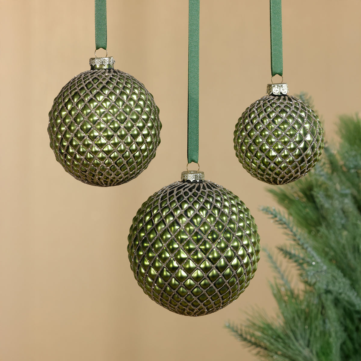 Zodax 4-Piece Set Metallic 4.75" Glass Ball Christmas Ornaments, Matte Green