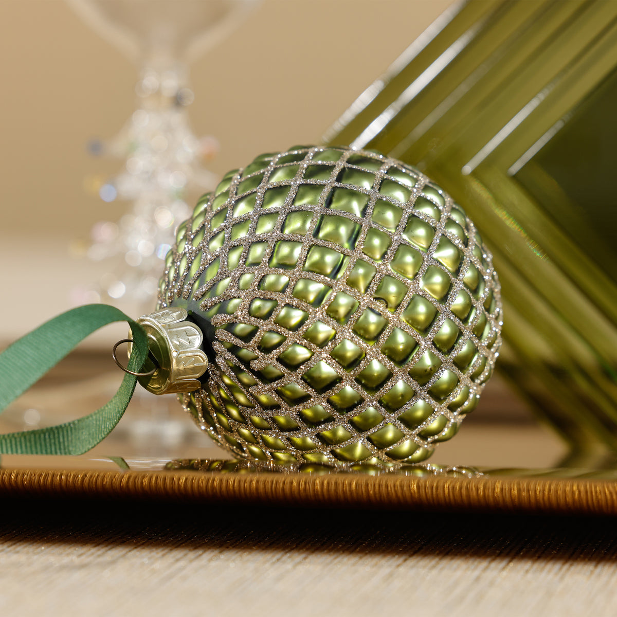 Zodax 4-Piece Set Metallic 4.75" Glass Ball Christmas Ornaments, Matte Green