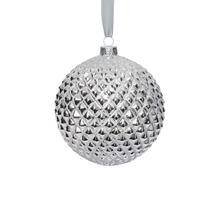 Silver textured Christmas ball ornament on a white background