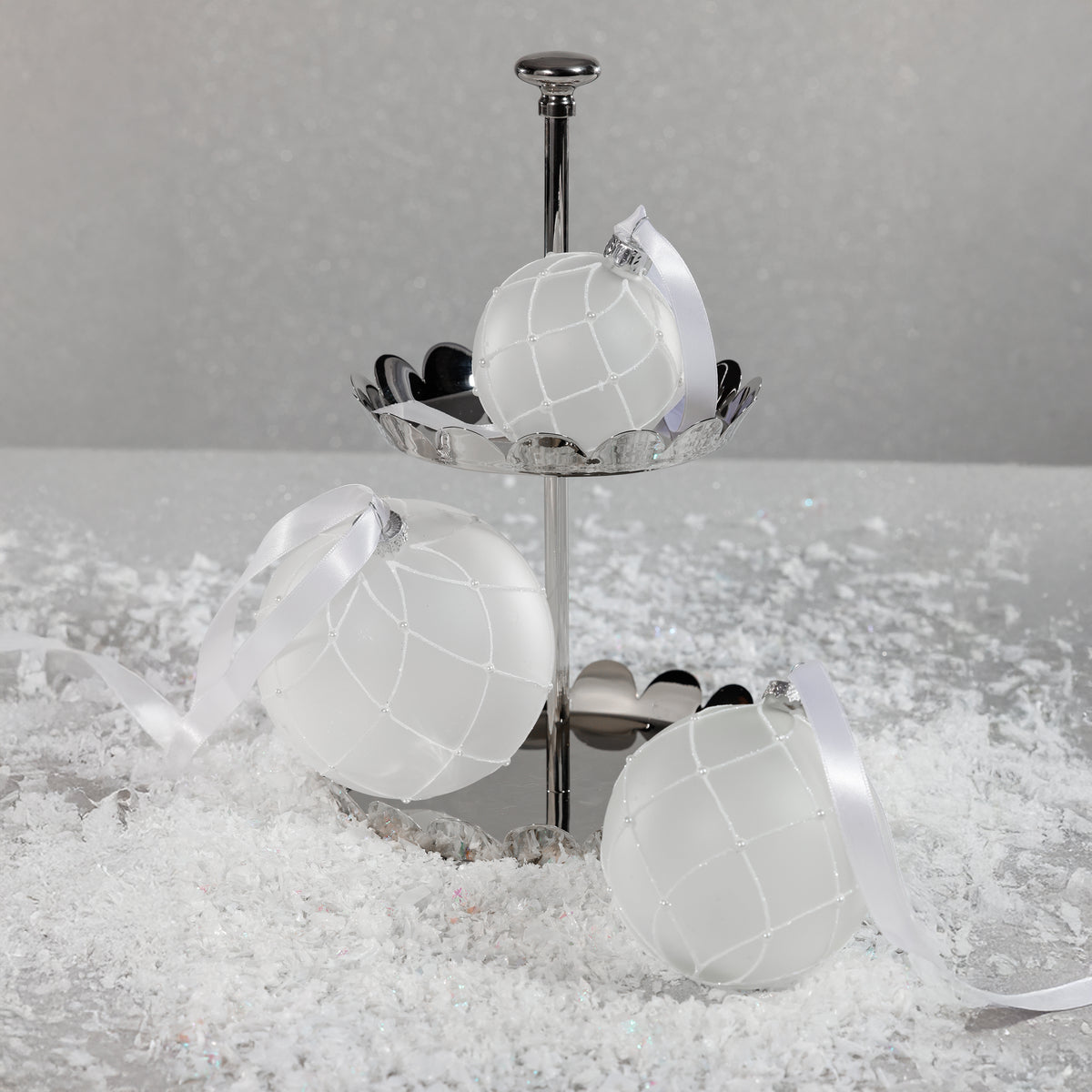 Zodax 4-Piece Set Frosted 4.75" Glass Ball Christmas Ornaments with White Glitter