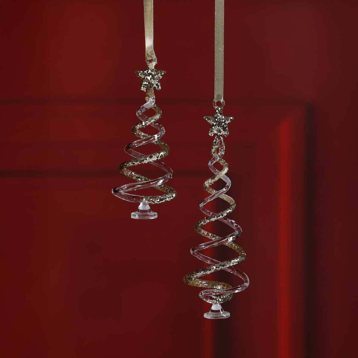 Zodax Clear Twisted Glass Tree Ornaments with Gold Glitter, 12 Hanging Pieces (6 Sets of 2)