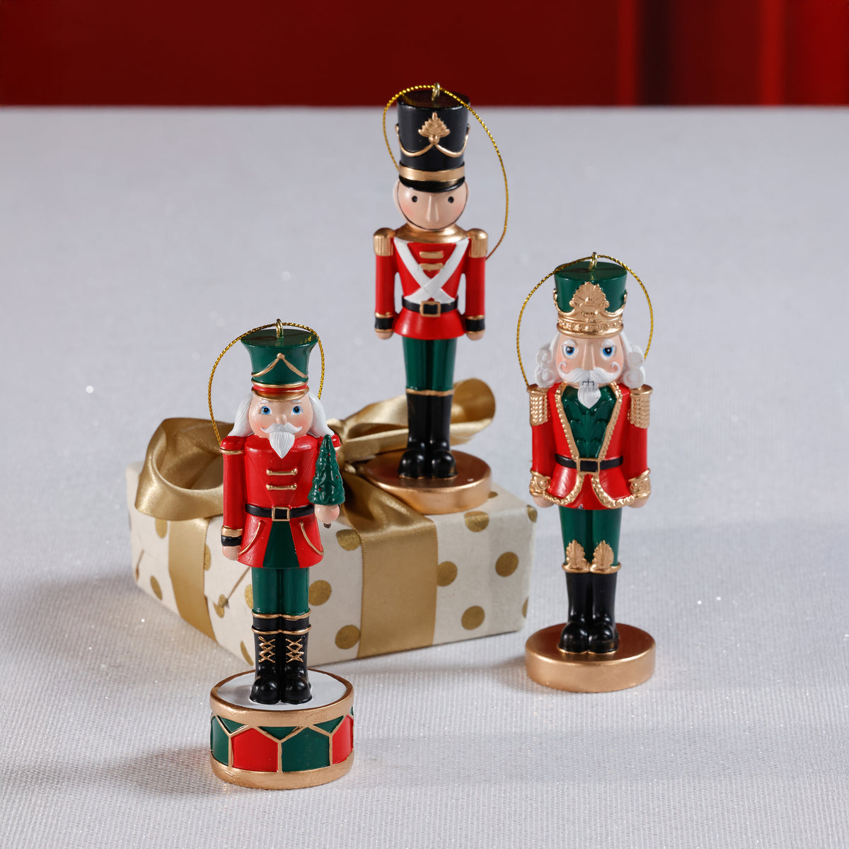 Zodax Feya Nutcracker Holiday Resin Ornaments, 6 Hanging Pieces (2 Sets of 3 Assorted)