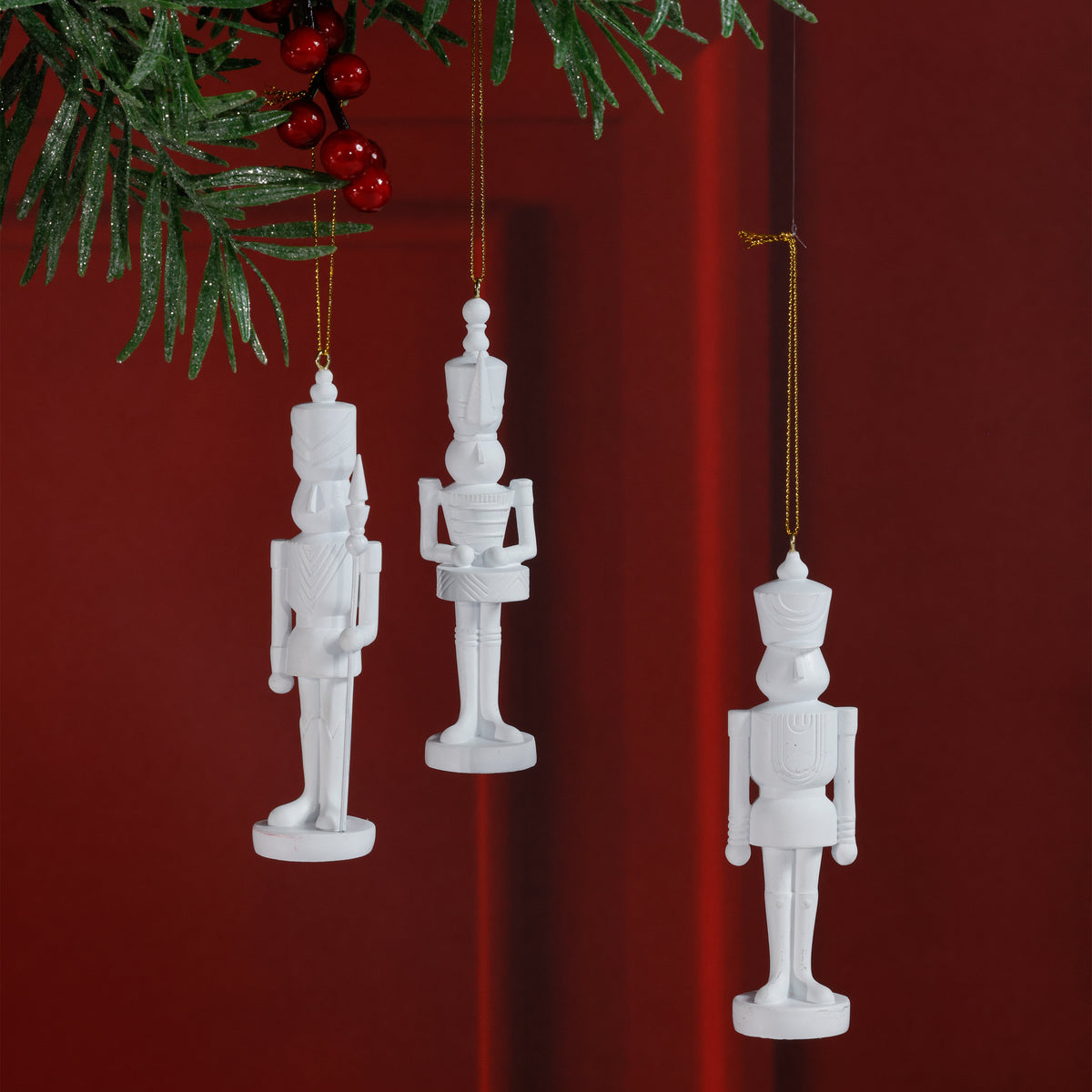 Zodax Patrice Soldier Holiday Ornaments, 6 Hanging Pieces (2 Sets of 3 Assorted), White