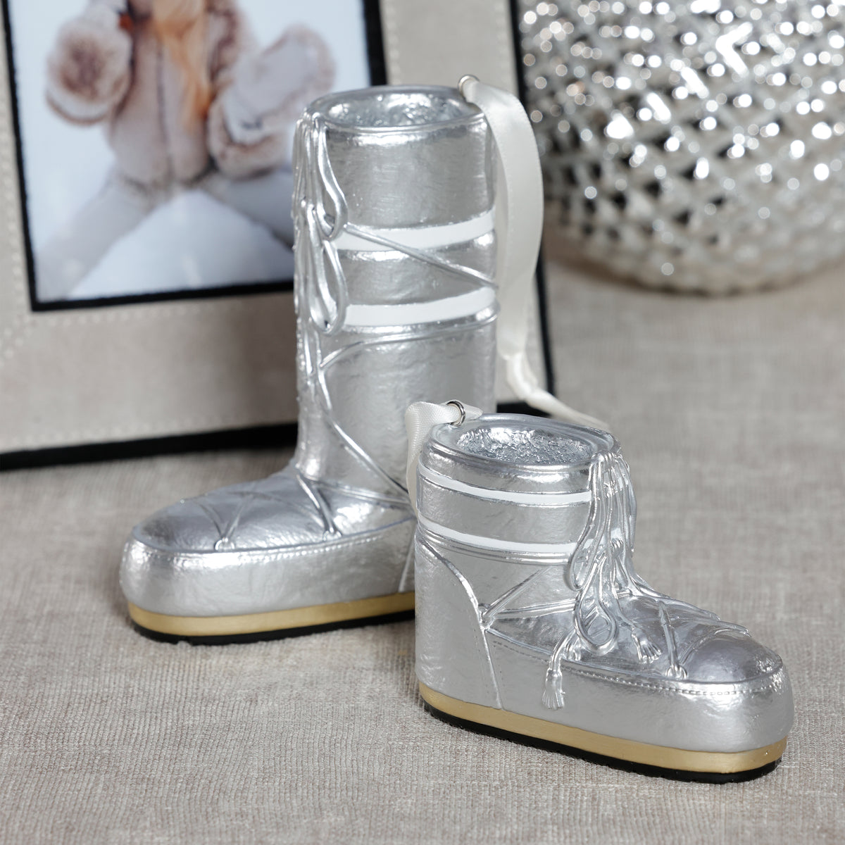Zodax Après Ski Boot Holiday Ornaments, 6 Hanging Pieces (3 Sets of 2 Assorted Sizes), Silver