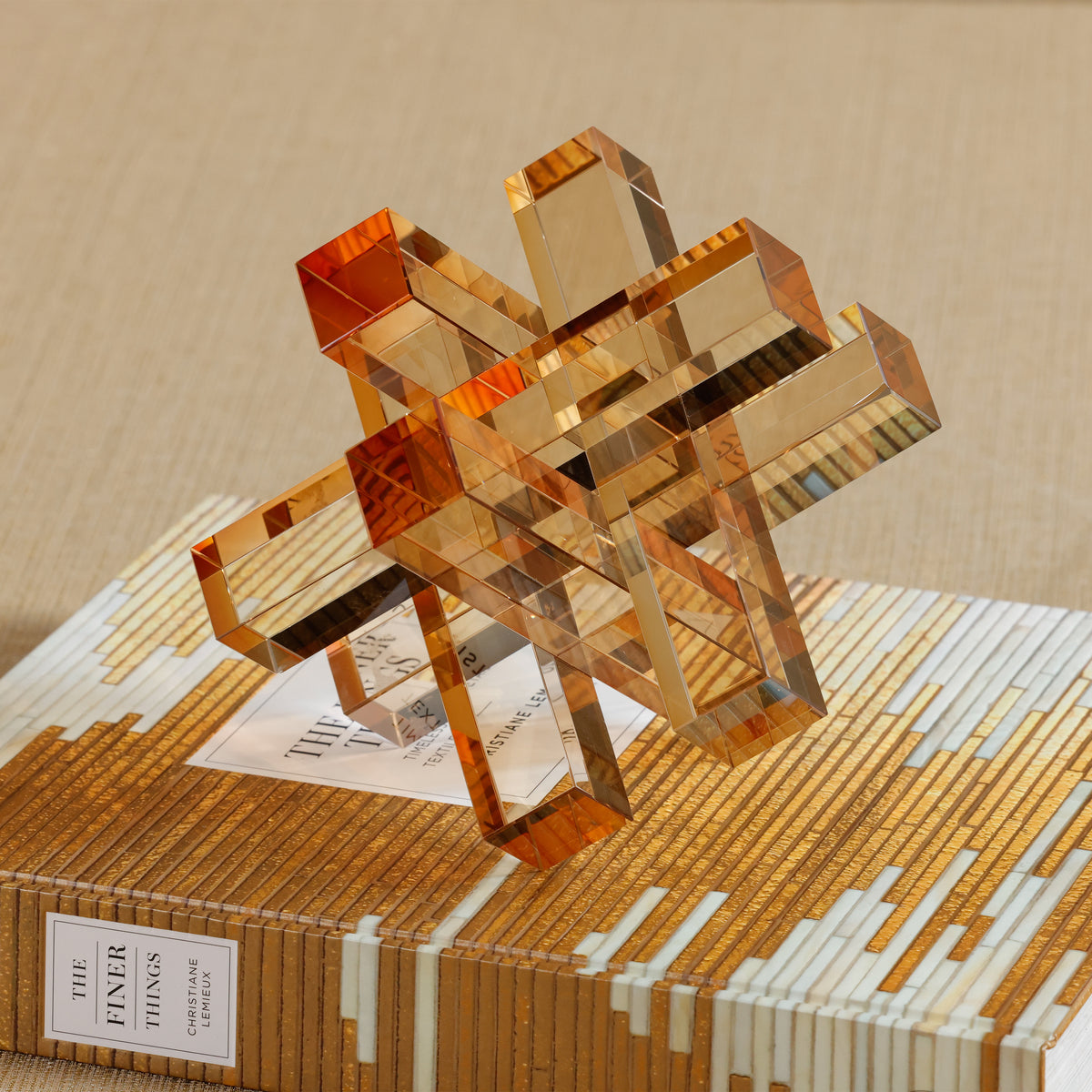 Zodax Crystal Glass Interlocking Bookend, Light Amber