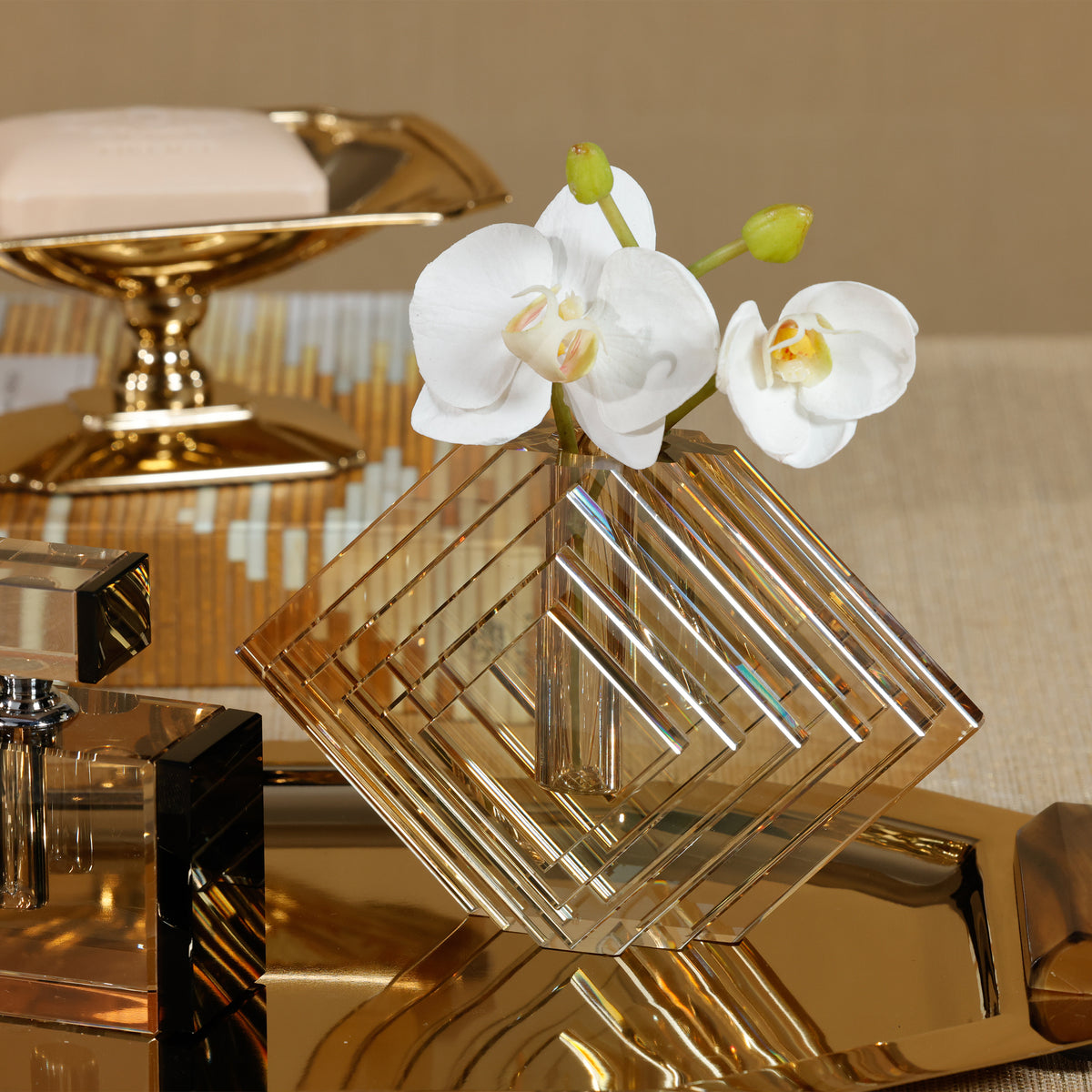 Zodax Crystal Glass Vase with Stacked Concentric Diamond Motif, Amber, Small