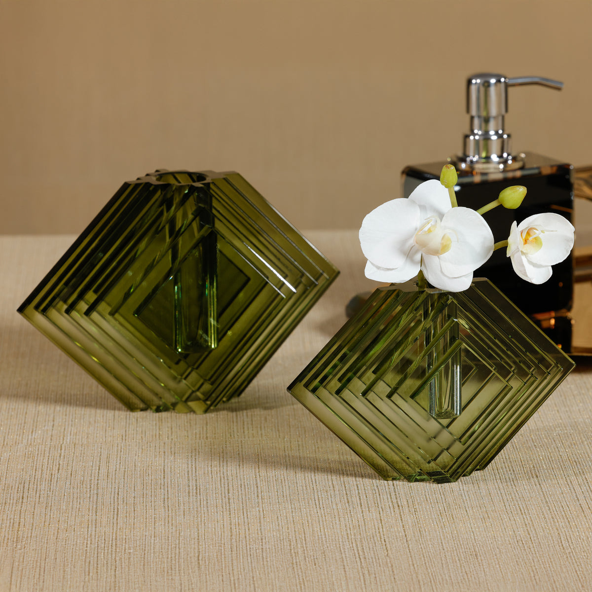 Zodax Crystal Glass Vase with Stacked Concentric Diamond Motif, Green, Small