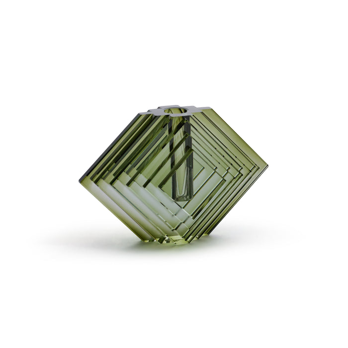 Zodax Crystal Glass Vase with Stacked Concentric Diamond Motif, Green, Small