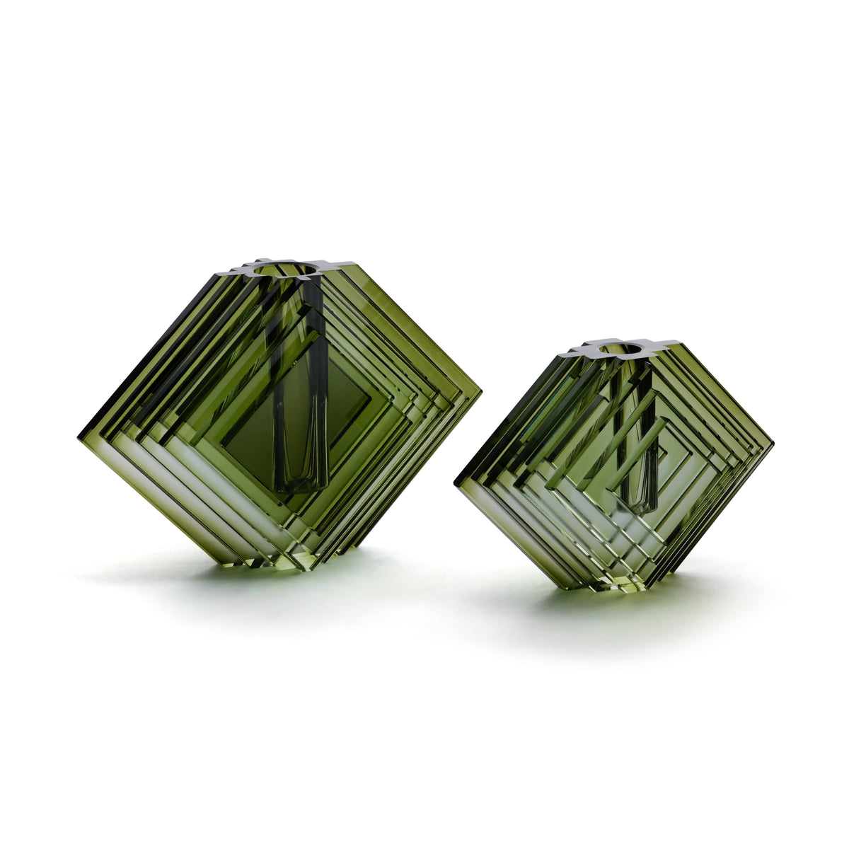 Zodax Crystal Glass Vase with Stacked Concentric Diamond Motif, Green, Small