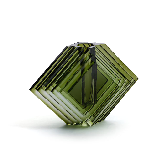 Zodax Crystal Glass Vase with Stacked Concentric Diamond Motif, Green, Large