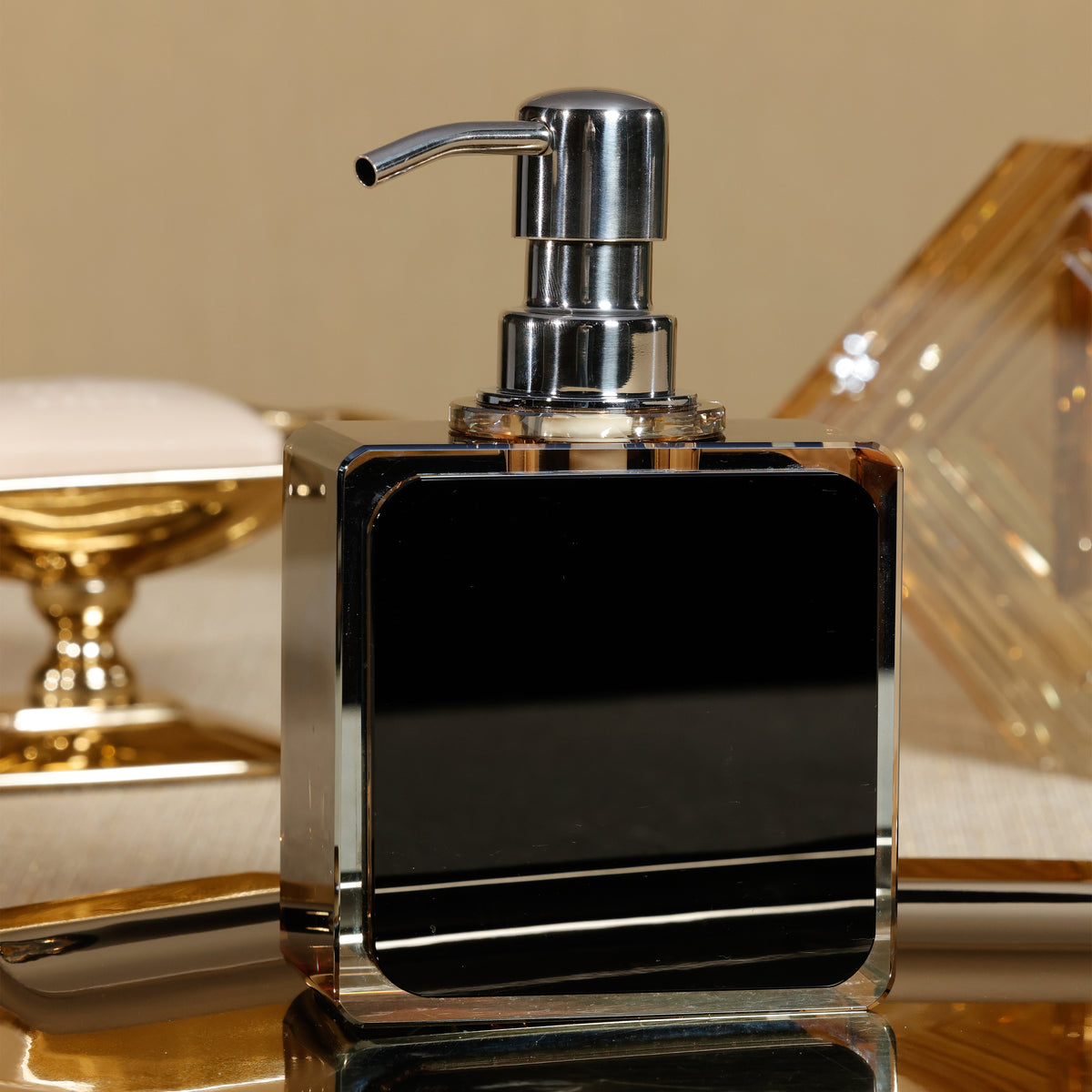 Zodax Decorative Crystal Tonal Black & Amber Glass Soap Dispenser