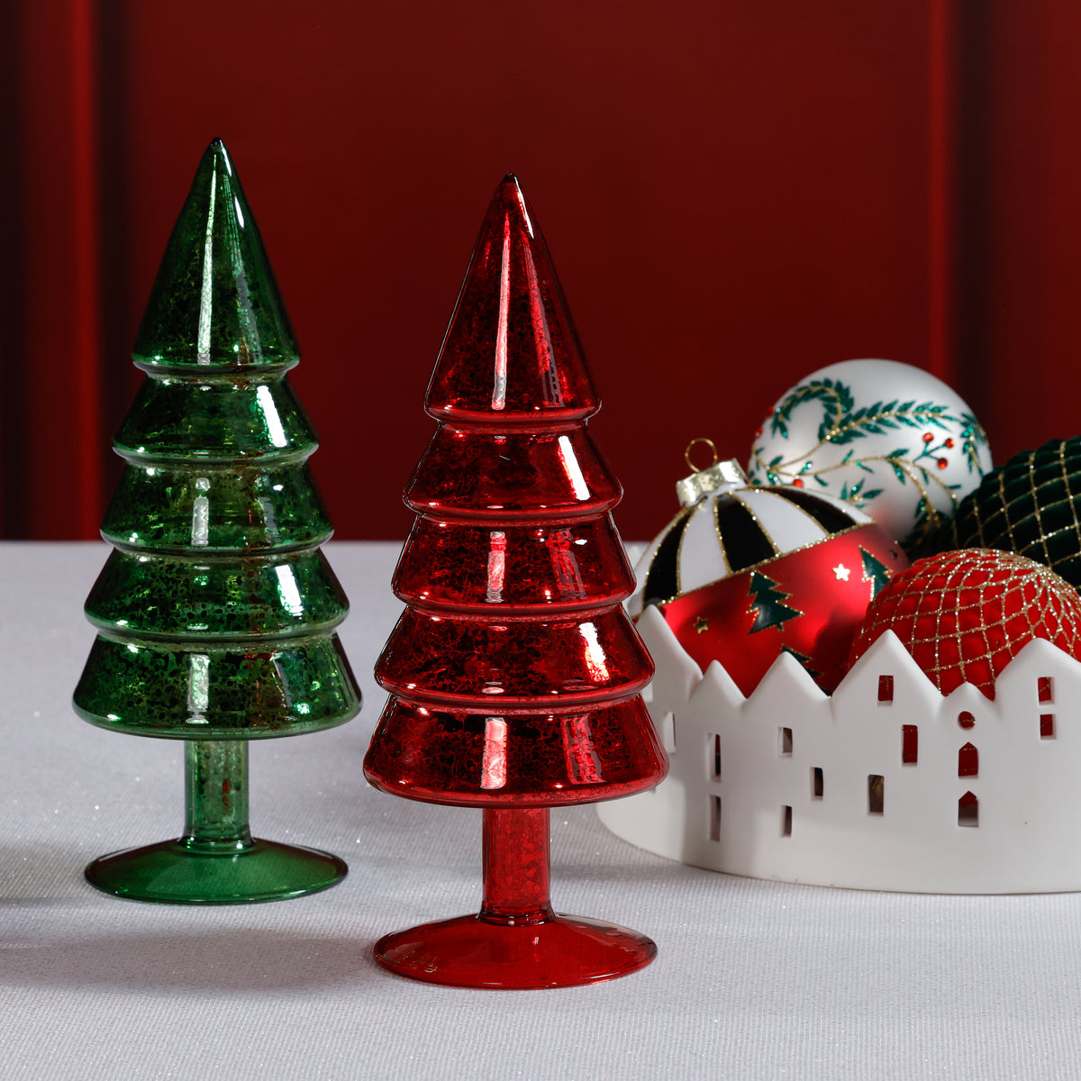 Zodax Mercury Glass Christmas Tabletop Trees, Set of 4, 9" Tall, Green