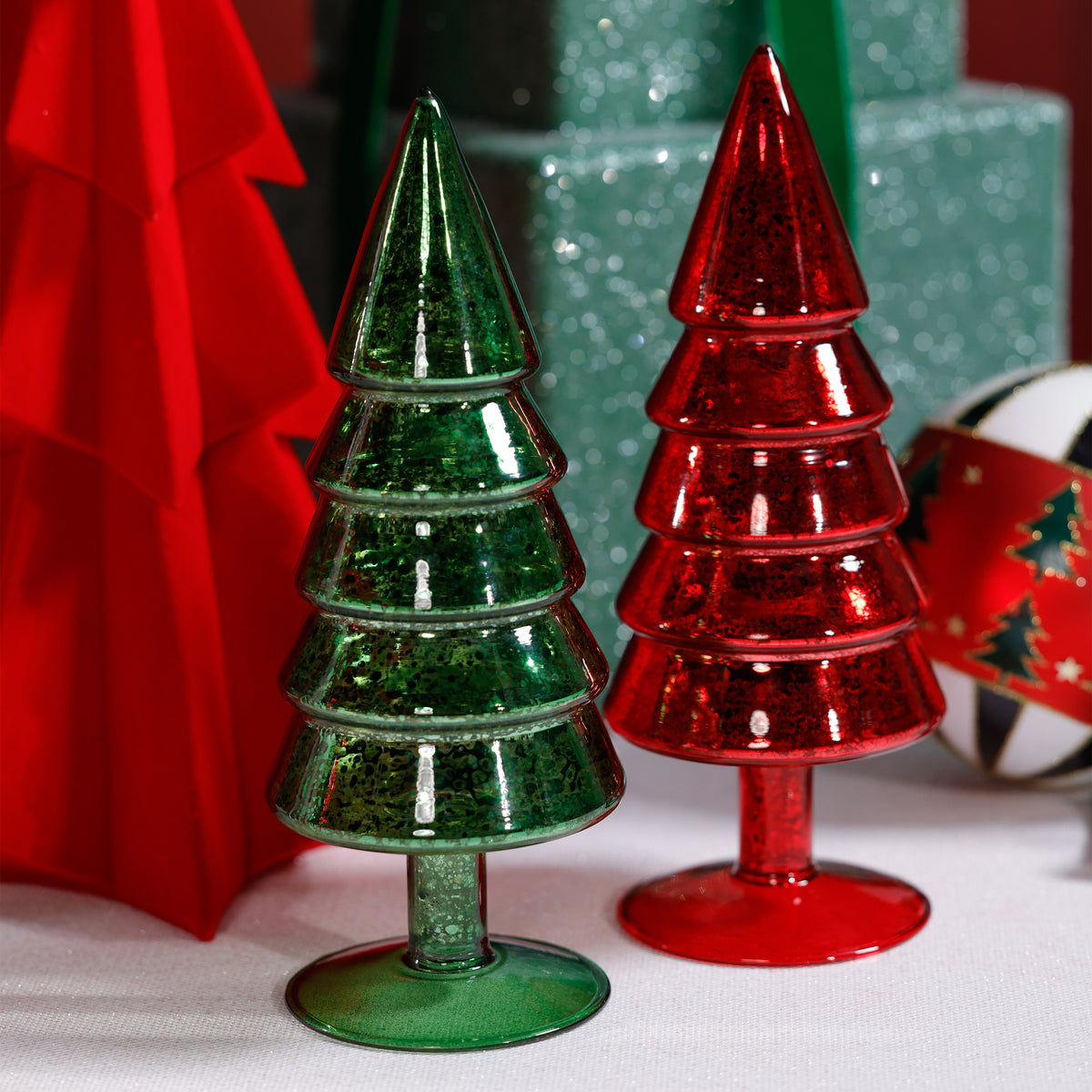 Zodax Mercury Glass Christmas Tabletop Trees, Set of 4, 9" Tall, Red