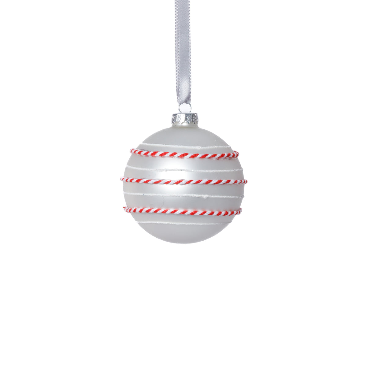 Zodax Matte Glass Ball Ornaments with White & Red Rope, Set of 6, White, 3.25"