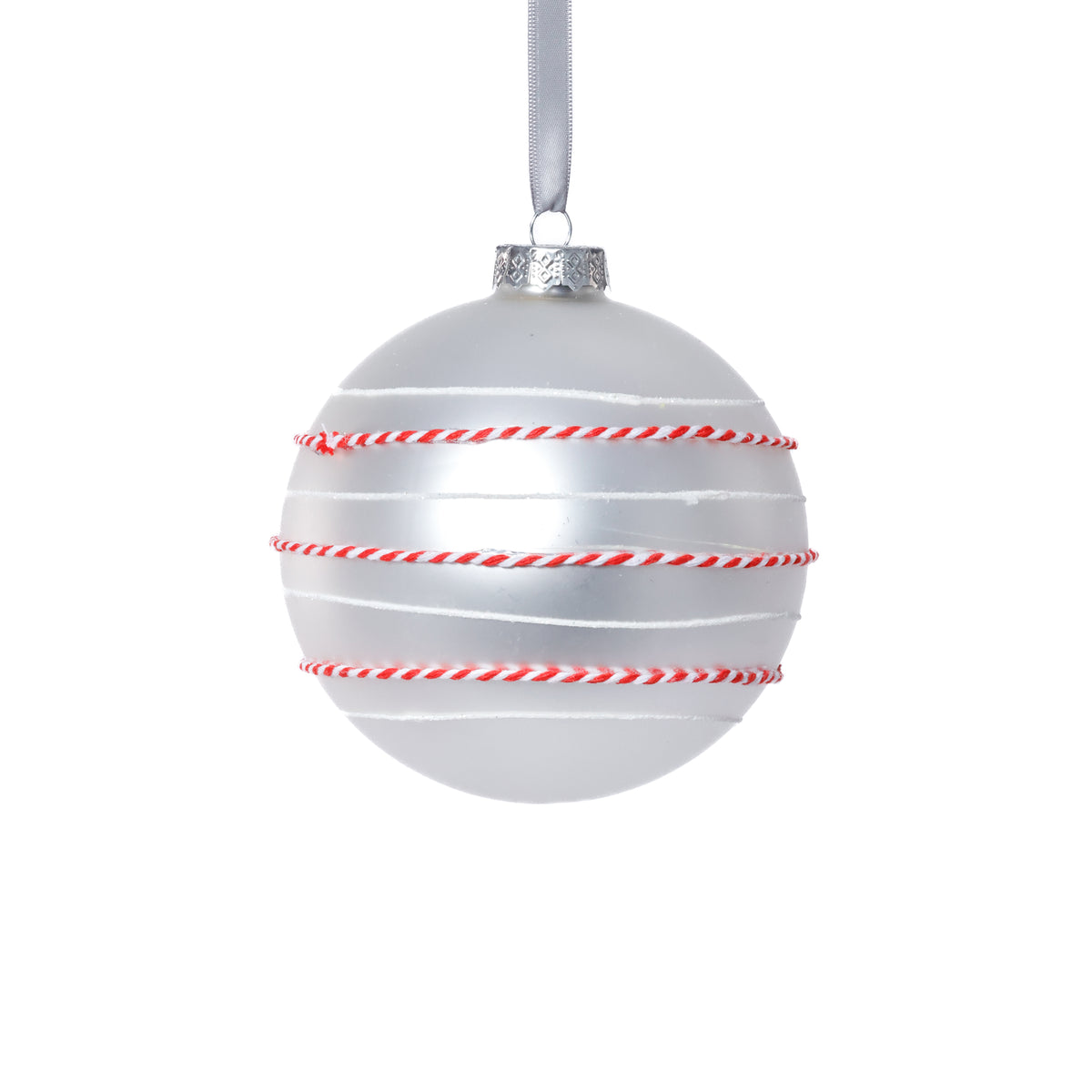 Zodax 4-Piece Set Matte 4.75" Glass Ball Ornaments with White & Red Rope, White