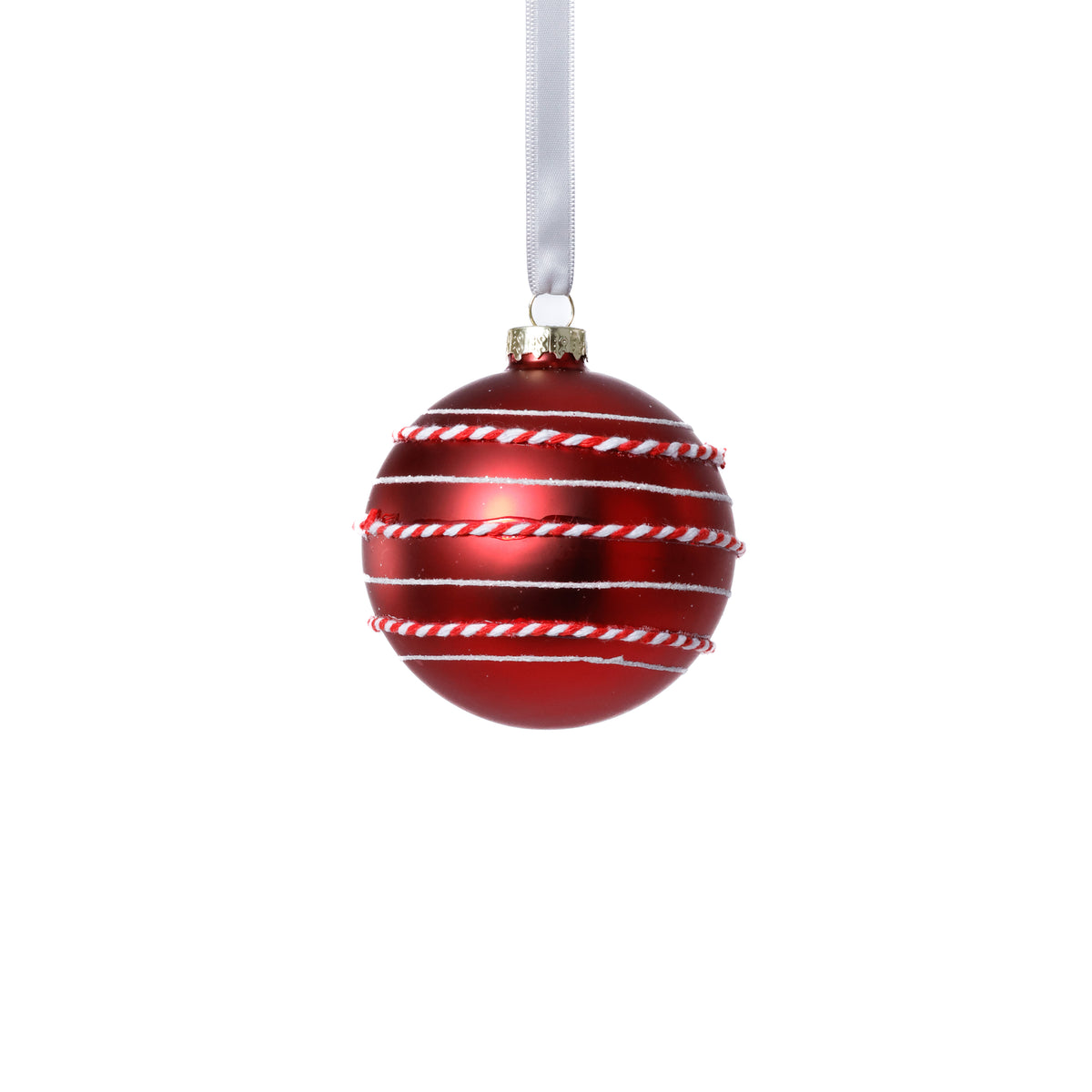 Zodax Matte Glass Ball Ornaments with White & Red Rope, Set of 6, Red, 3.25"