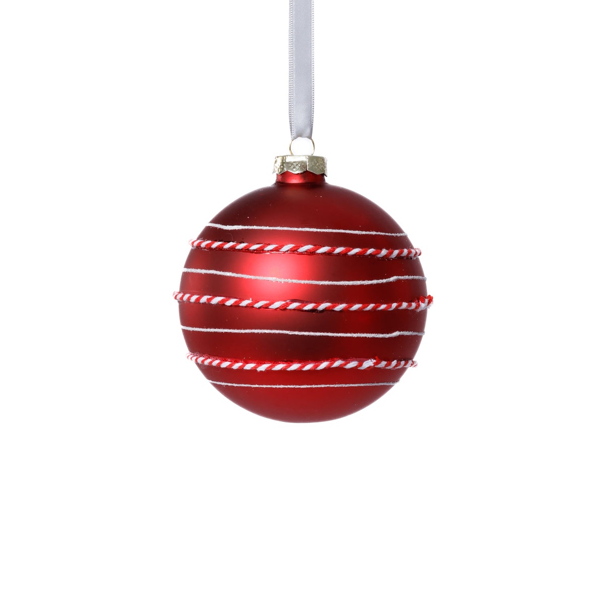 Zodax Matte Glass Ball Ornaments with White & Red Rope, Set of 6, Red, 4"