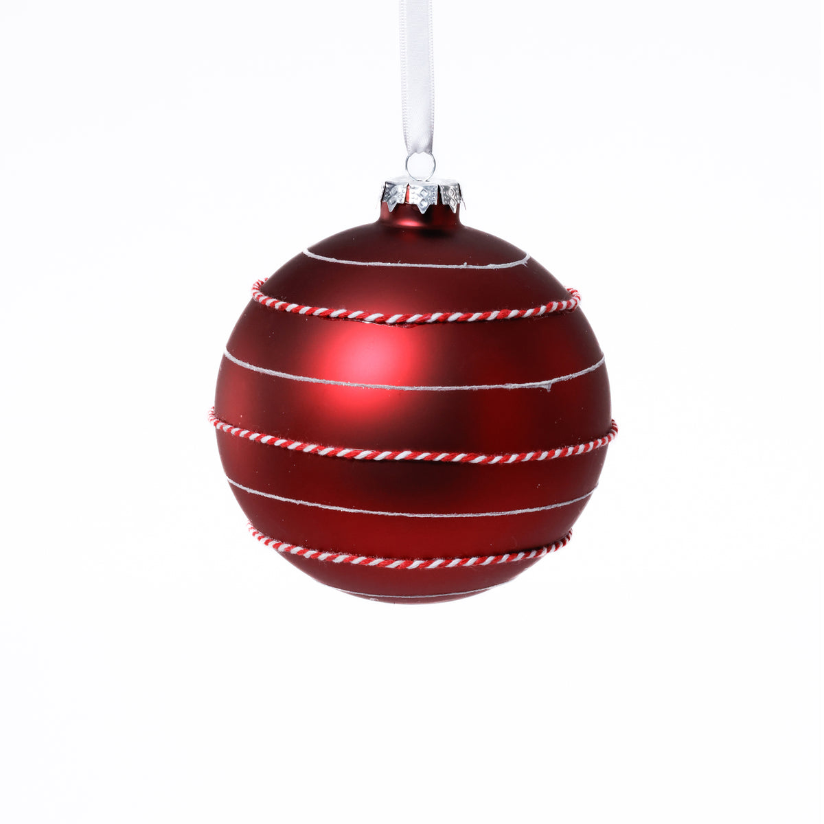 Zodax 4-Piece Set Matte 4.75" Glass Ball Ornaments with White & Red Rope, Red