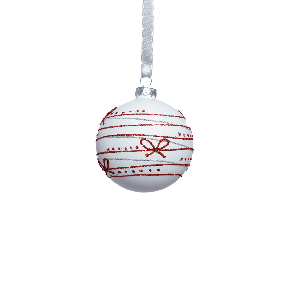 Zodax Matte Glass Holiday Ball Ornaments with Red Ribbon Design, Set of 6, 3.25"