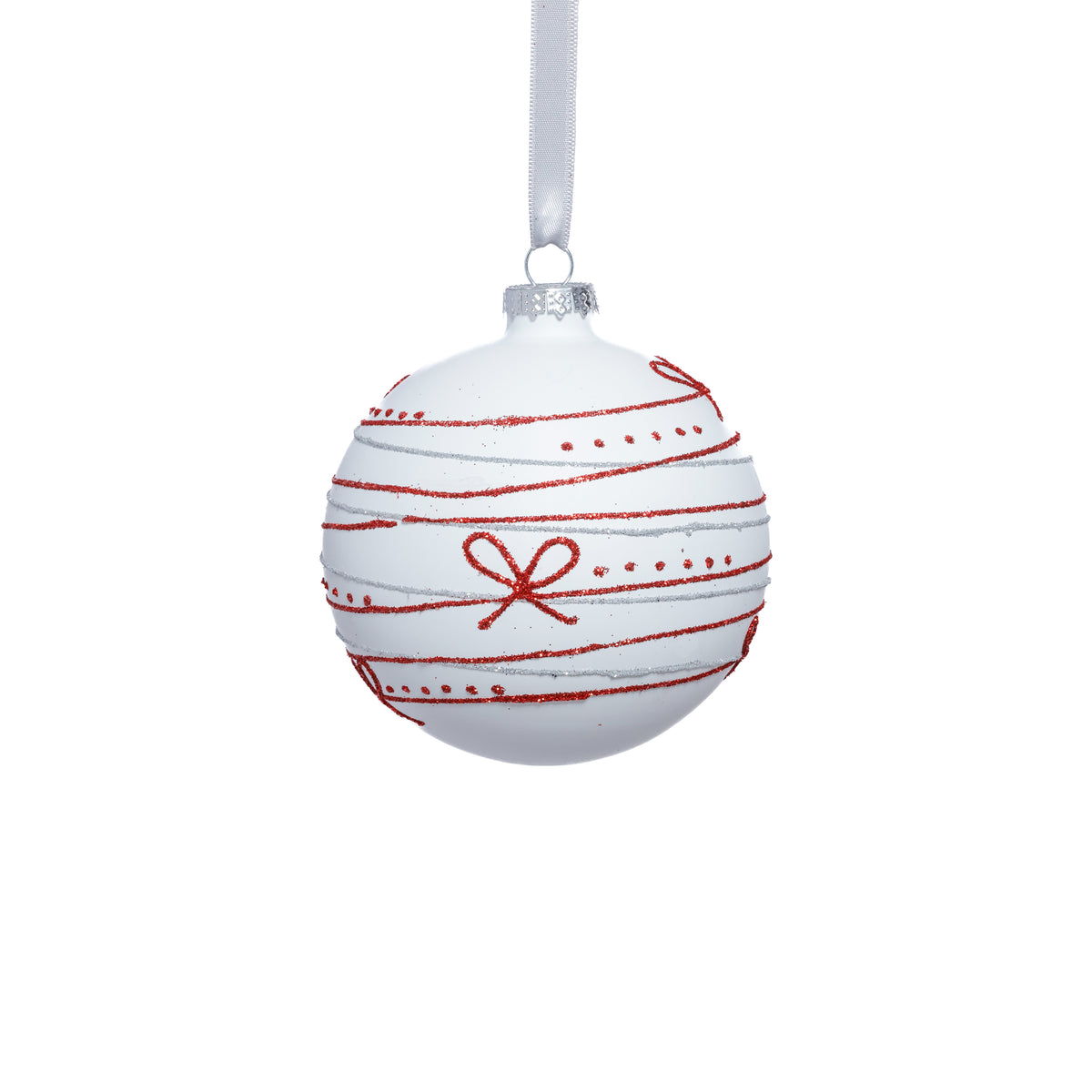 Zodax Matte Glass Holiday Ball Ornaments with Red Ribbon Design, Set of 6, 4"